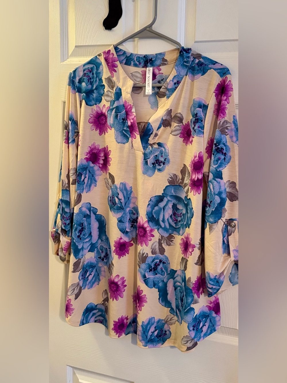 Dear Scarlett Floral Top in Cream with Blue & Purple Blooms - Picture 5 of 6